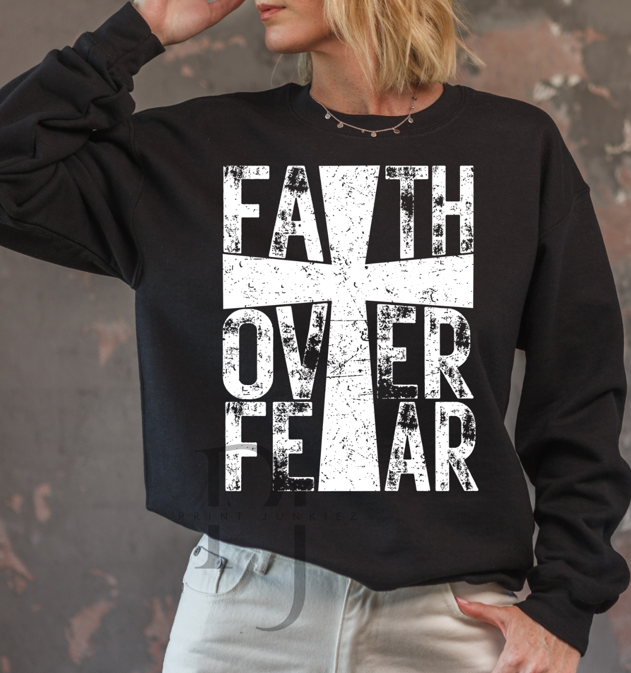 Faith Over Fear Distressed Cross - DTF