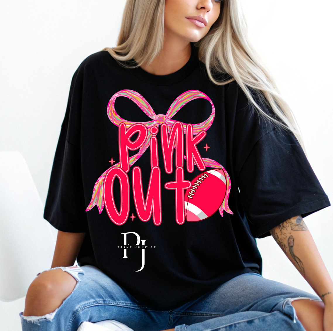 Neon Pink Out Coquette Bow Football - DTF