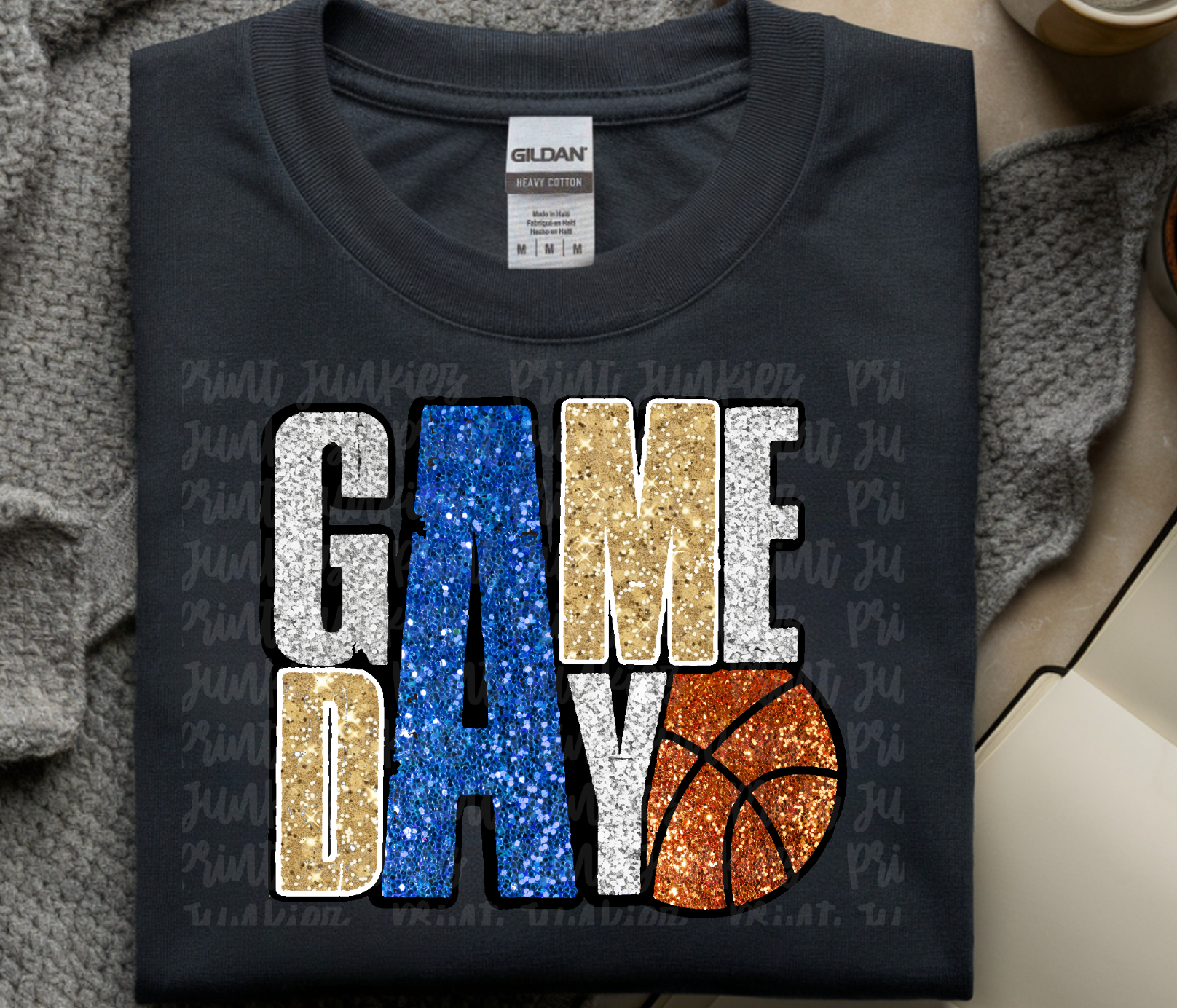 Royal Game Day Glitter Basketball Distressed - DTF