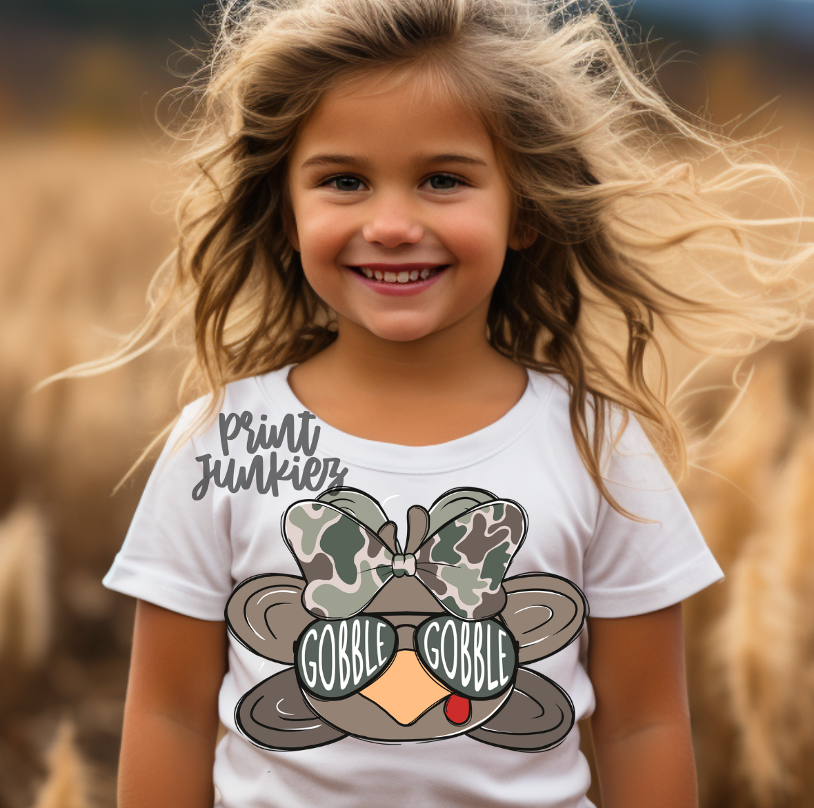 Gobble Gobble Camo Turkey with Bow - DTF