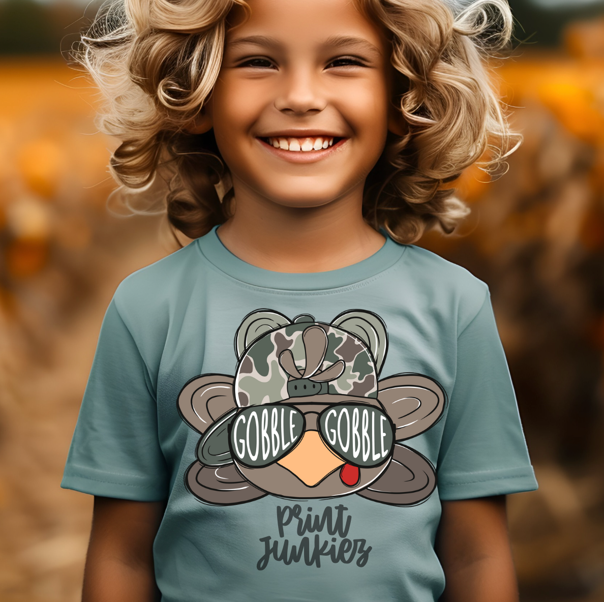 Gobble Gobble Camo Turkey with Hat - DTF