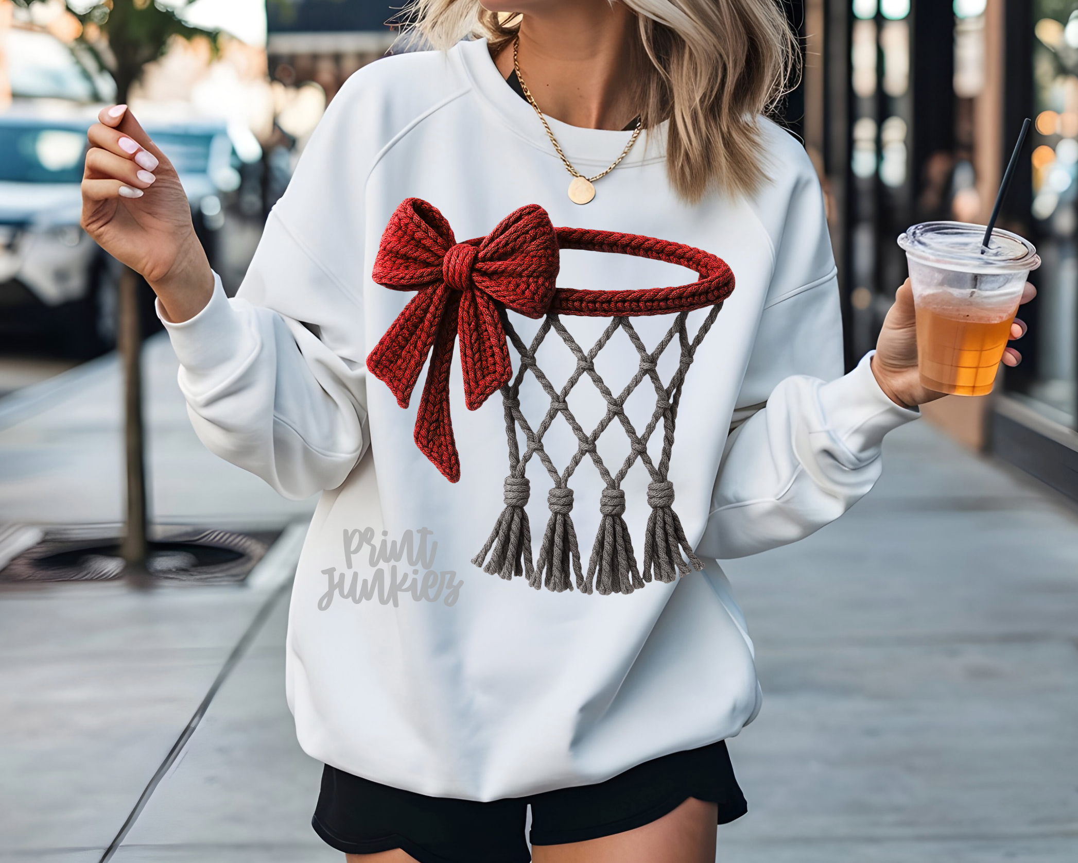 Faux Knit Yarn Basketball Hoop & Bow - DTF