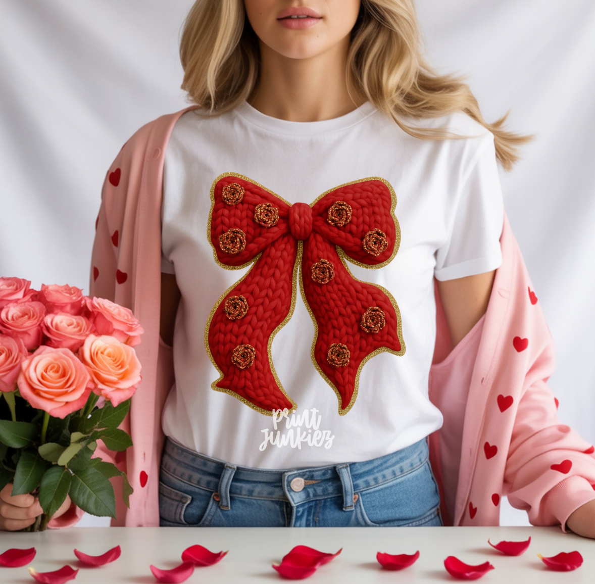 Faux Crochet Rose Bow - DTF