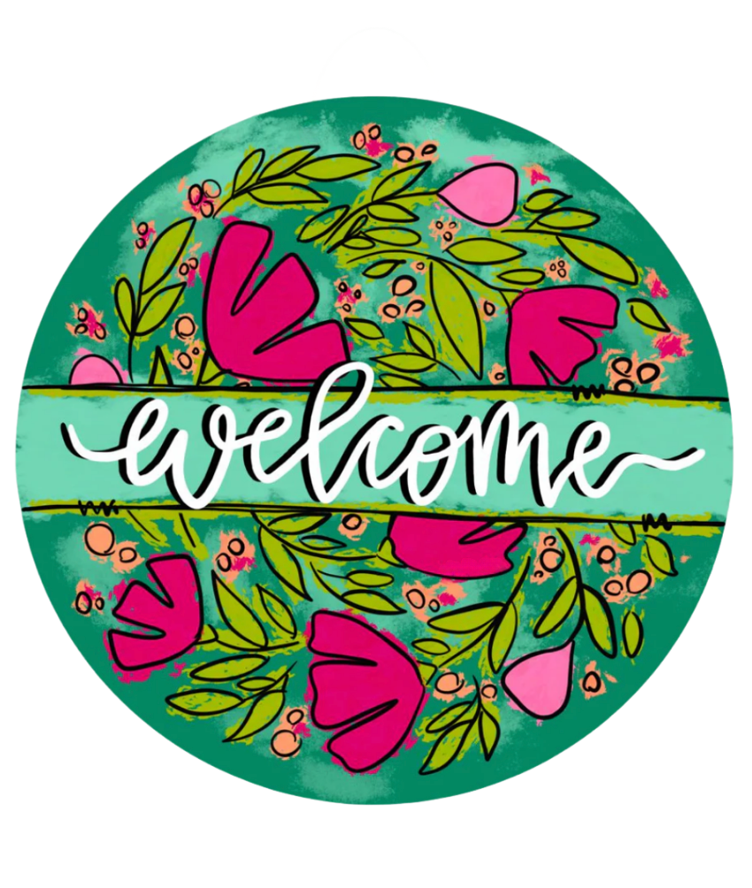 Welcome Floral Door Hanger Pink