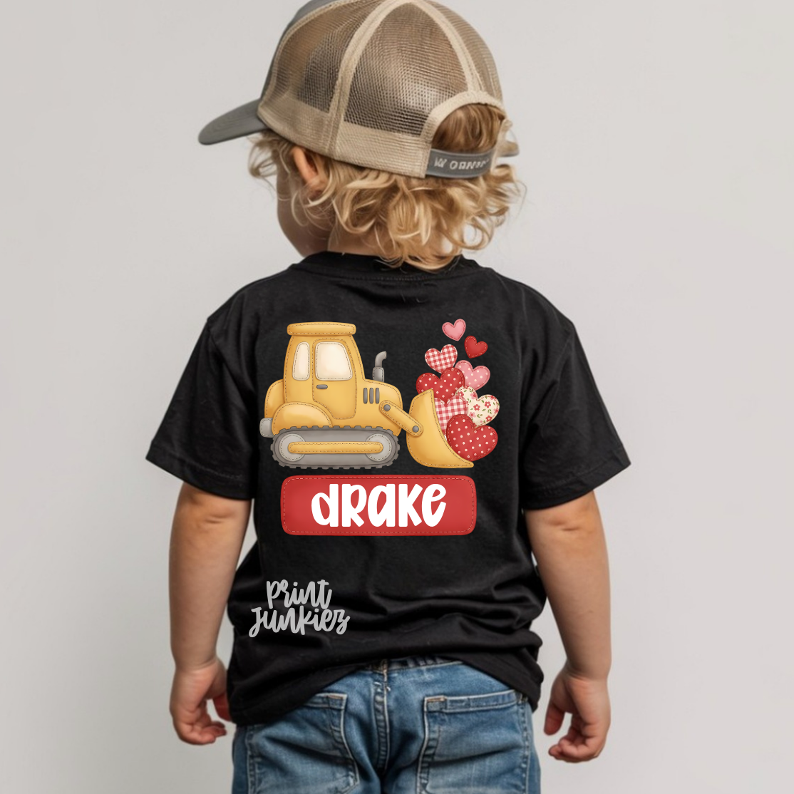 Tractor Digging Hearts Name Tag - CUSTOM - DTF