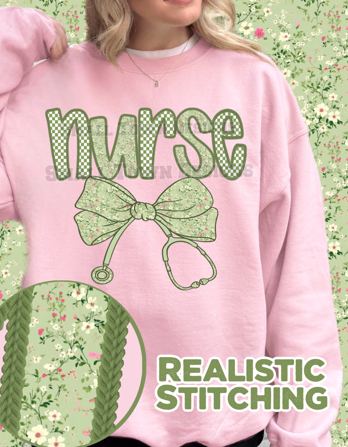 Green Stitch Floral Alpha - CUSTOM - DTF